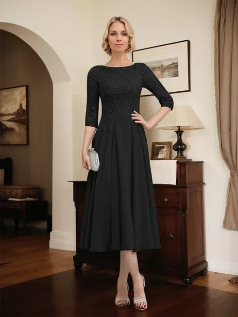 A-Line Scoop Neck Illusion Tea-Length Chiffon and Lace Mother of the Bride Dress with Beading and Sequins