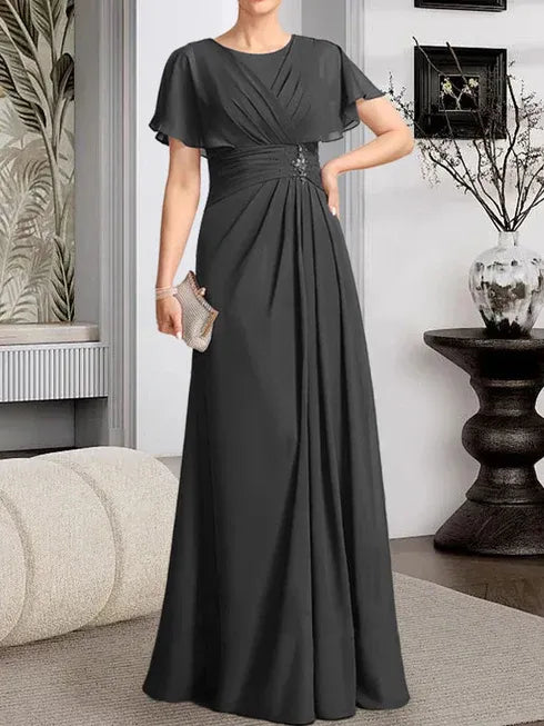 A-Line Scoop Neck Floor-Length Chiffon Mother of the Bride Dress with Pleated Beading