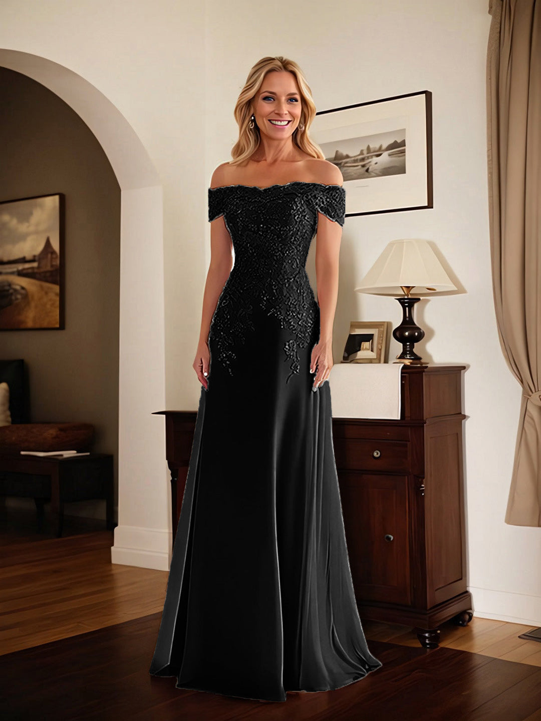 Elegant Taupe Off-the-Shoulder Lace Sheath Dress for Mother of the Bride