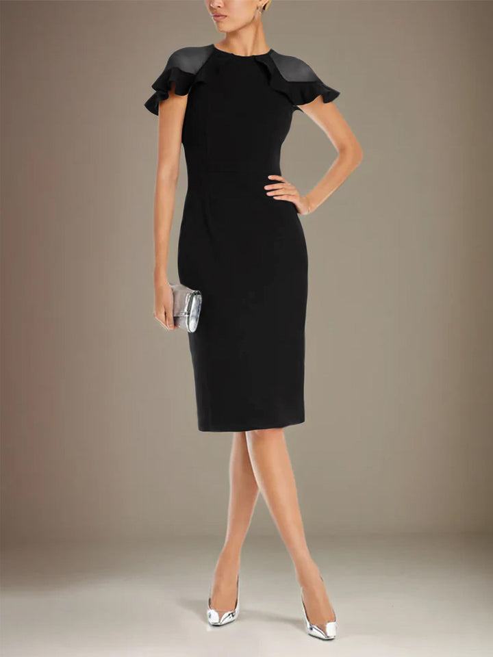 Sheath Dress with Column Stretch Crepe, Scoop Neck, Short Sleeves, Knee Length