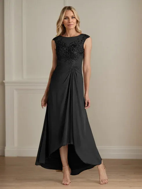 Champagne A-Line Lace and Chiffon Scoop Neck Dress