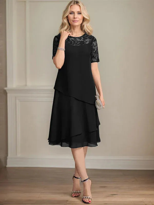 A-Line Scoop Neck Illusion Knee-Length Lace Chiffon Mother of the Bride Dress with Sequins