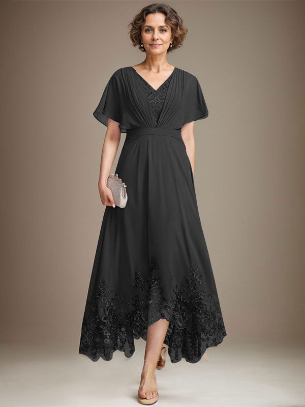 A-Line V-Neck Asymmetrical Lace Chiffon Mother of the Bride Dress with Pleats