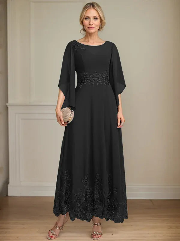 A-Line Scoop Neck Illusion Lace Chiffon Mother of the Bride Dress with Sequins and Ankle-Length Hem