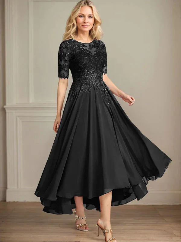 A-Line Scoop Neck Illusion Asymmetrical Chiffon and Lace Mother of the Bride Dress with Sequins