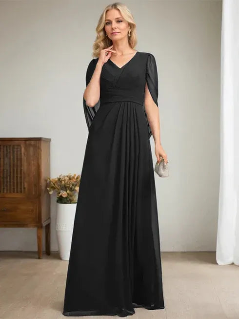 Dark Navy A-Line V-Neck Long Mother of the Bride Dress