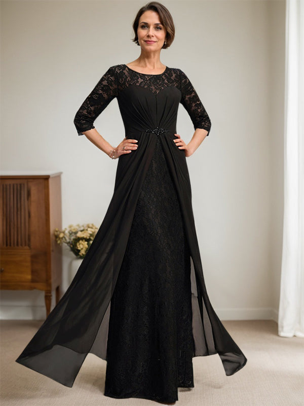 A-Line Scoop Neck Illusion Floor-Length Lace Chiffon Mother of the Bride Dress with Beaded Ruffles