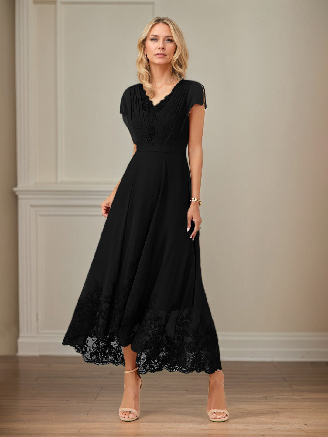 A-Line V-Neck Flutter Sleeve Chiffon Dress with Appliques and Ankle Length