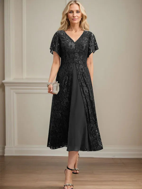 A-Line V-Neck Tea-Length Lace Chiffon Mother of the Bride Dress