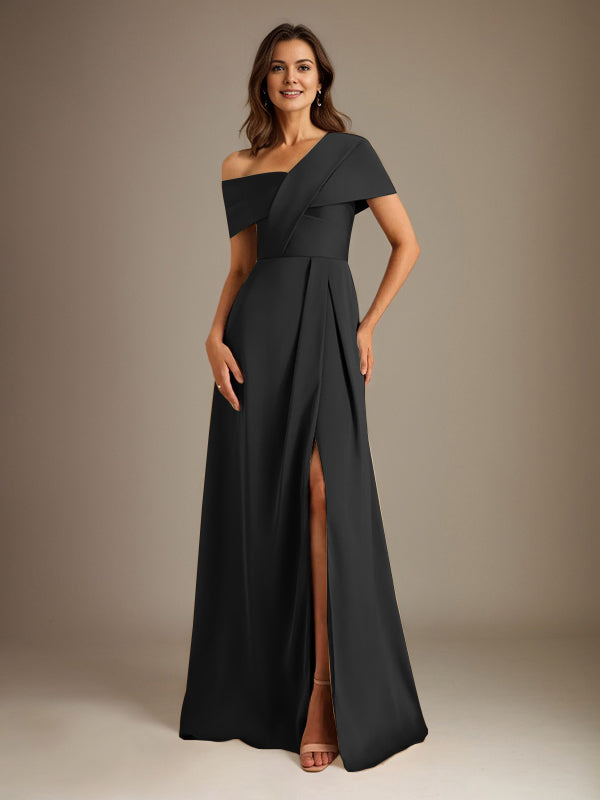 A-Line Satin Mother of the Bride Dress with Asymmetrical Neckline, Floor-Length, and Pleated Design