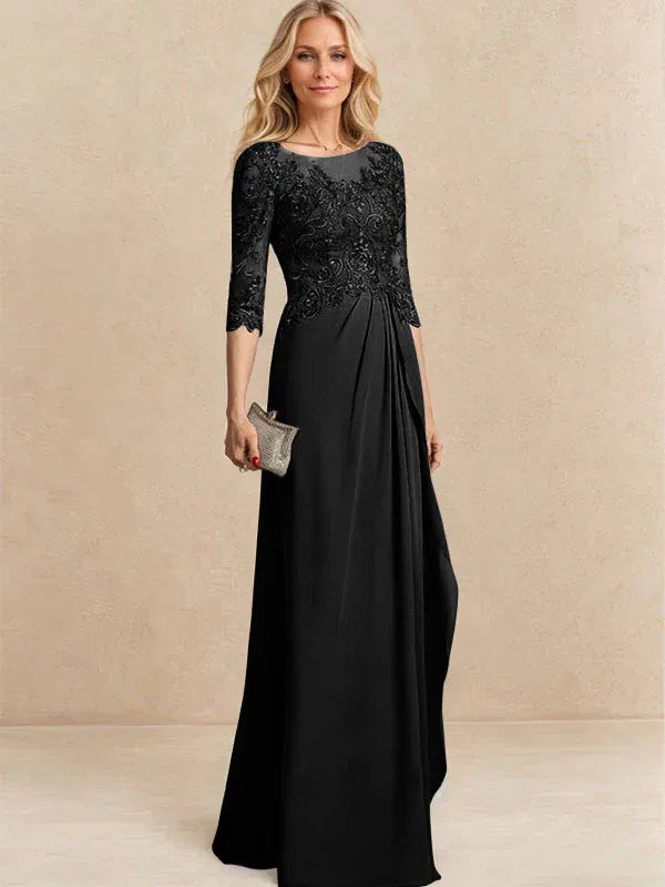 A-Line Scoop Illusion Floor-Length Chiffon and Lace Mother of the Bride Dress with Beading, Sequins, and Cascading Ruffles