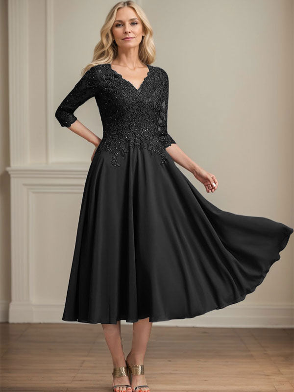 A-Line V-Neck Tea-Length Chiffon and Lace Mother of the Bride Dress with Beading and Sequins