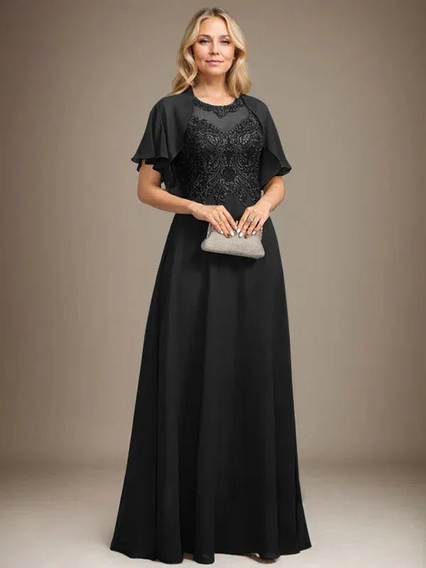 A-Line Scoop Neck Illusion Floor-Length Lace Chiffon Mother of the Bride Dress with Sequins