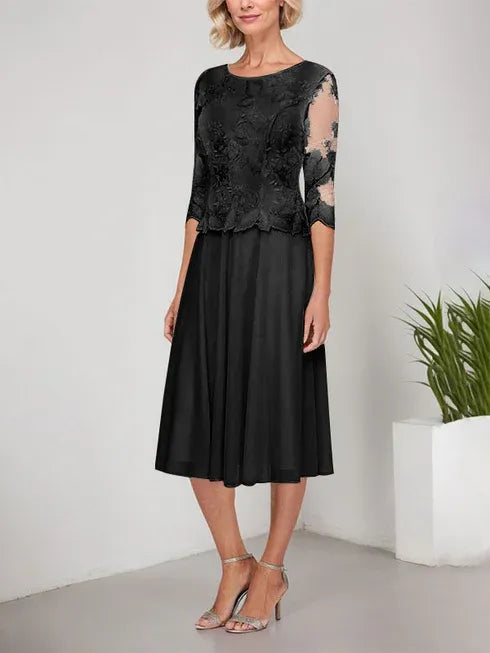 A-Line Scoop Neck Tea-Length Lace Chiffon Mother of the Bride Dress with Embroidery