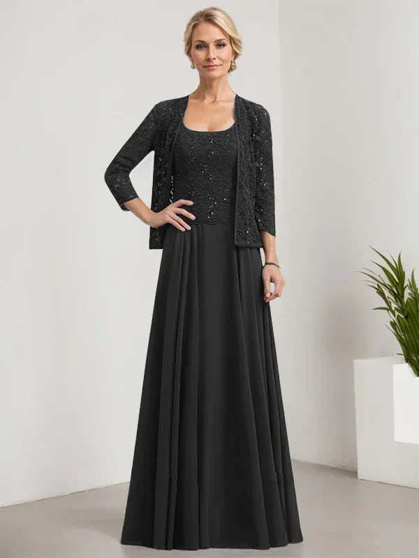 A-Line Square Neck Floor-Length Lace and Chiffon Mother of the Bride Dress with Sequins