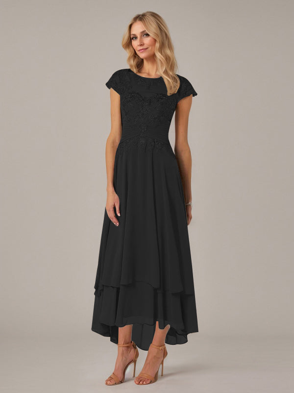 A-Line Boat Neck Illusion Asymmetrical Chiffon Lace Mother of the Bride Dress with Applique and Pleats