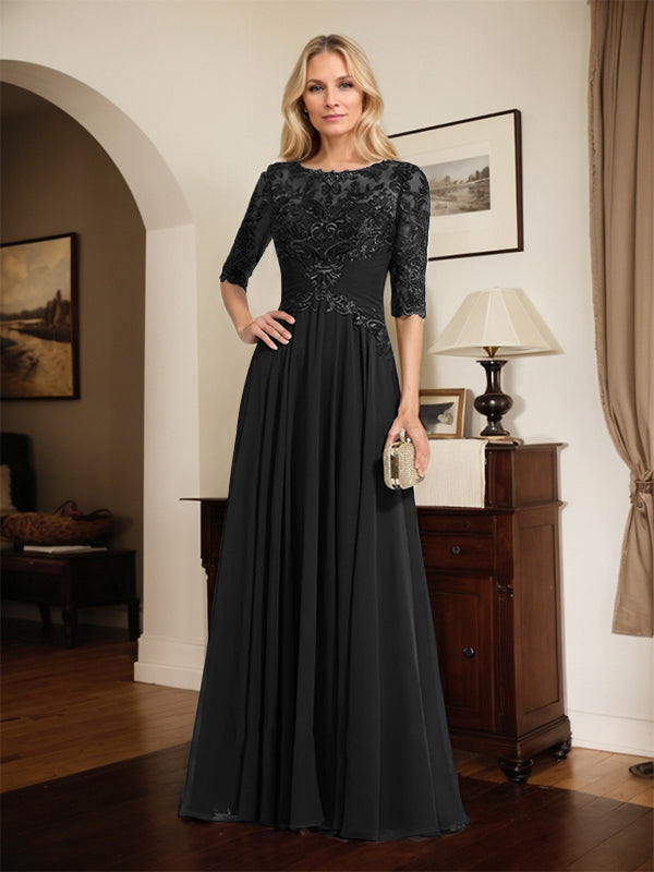 A-Line Scoop Neck Illusion Floor-Length Chiffon and Lace Mother of the Bride Dress with Pleated Sequins