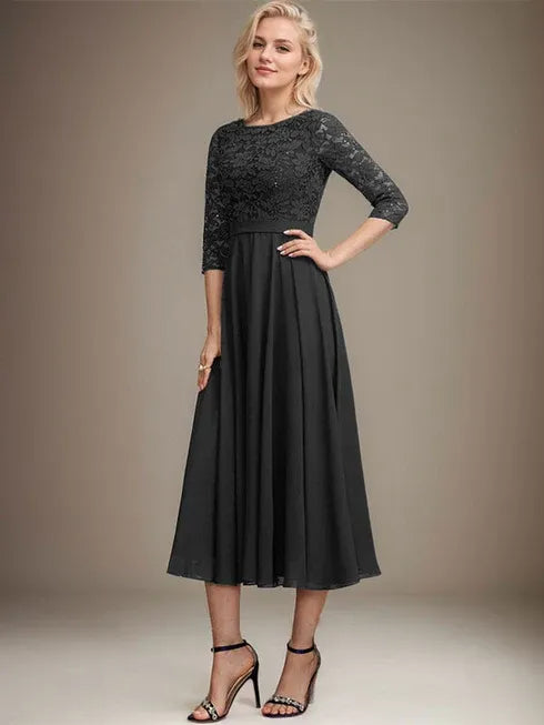 A-Line Scoop Neck Tea-Length Lace Chiffon Mother of the Bride Dress with Sequins