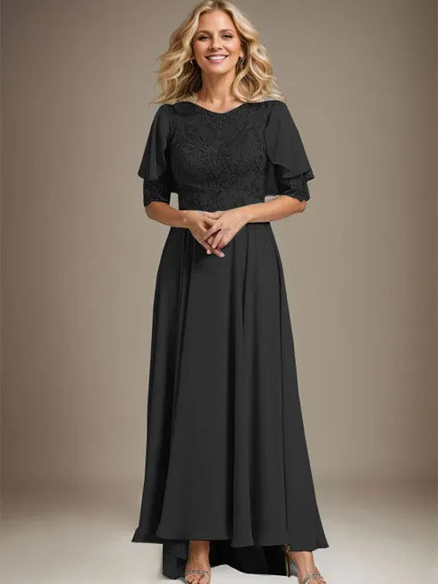 A-Line Scoop Neck Illusion Asymmetrical Chiffon and Lace Mother of the Bride Dress with Beading