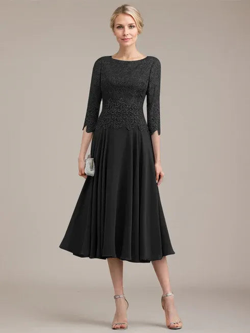 A-Line Scoop Neck Tea-Length Lace Chiffon Mother of the Bride Dress