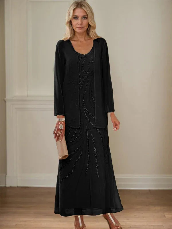 V-Neck Sheath/Mother of the Bride Ankle-Length Dress with Jacket & Sequins