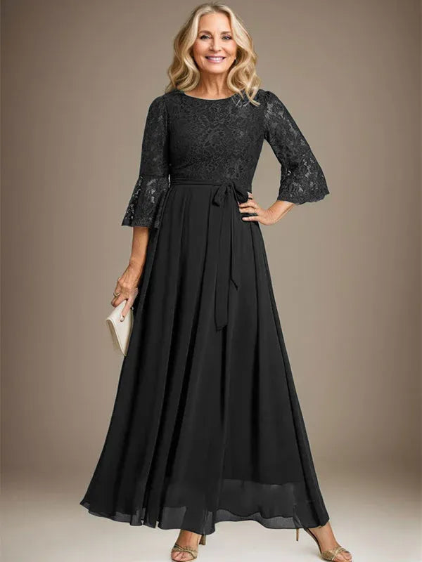 A-Line Scoop Neck Ankle-Length Lace Chiffon Mother of the Bride Dress with Bow