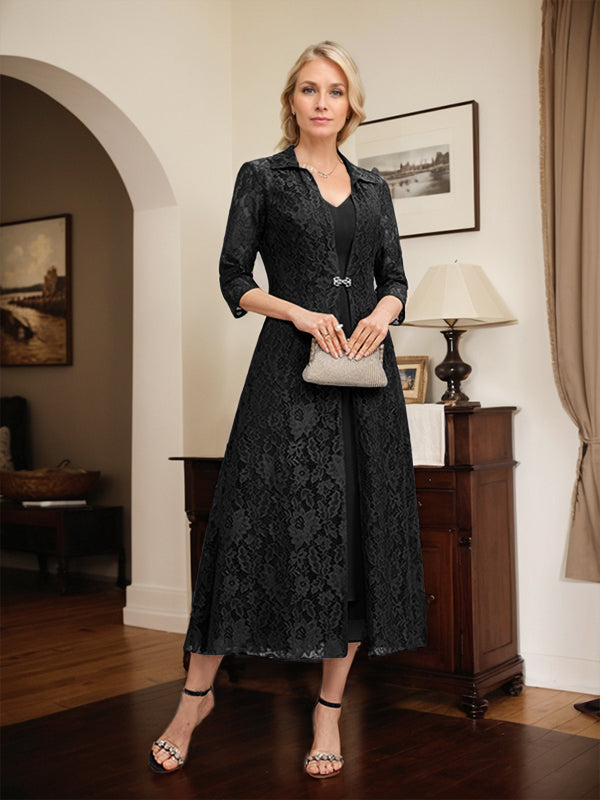 A-Line V-Neck Tea-Length Chiffon Mother of the Bride Dress