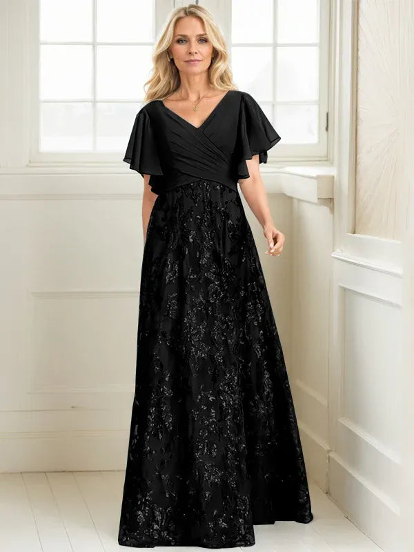 A-Line V-Neck Floor-Length Lace and Sequin Chiffon Mother of the Bride Dress with Pleats
