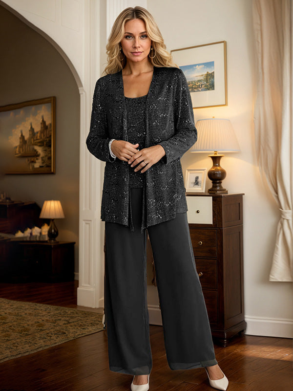 Chiffon Mother of the Bride Pantsuit Set with Jacket and Sequins