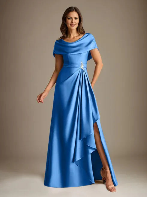 A-Line Scoop Neck Floor-Length Stretch Satin Mother of the Bride Dress with Cascading Ruffles