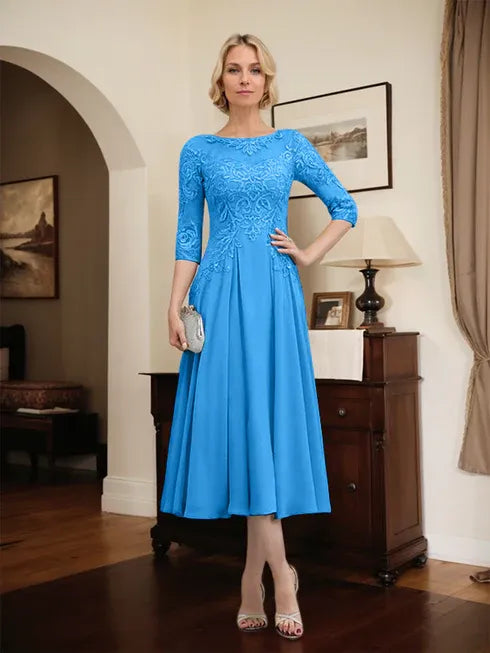 A-Line Scoop Neck Illusion Tea-Length Chiffon and Lace Mother of the Bride Dress with Beading and Sequins