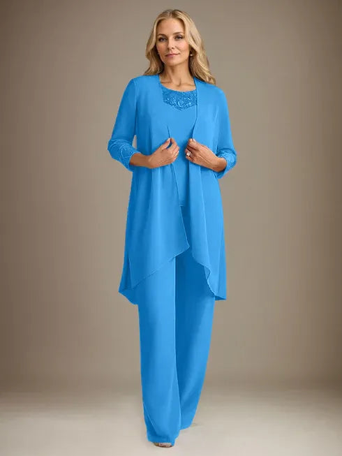 Chiffon Scoop Neck Long Sleeve Mother of the Bride Pantsuit with Jacket