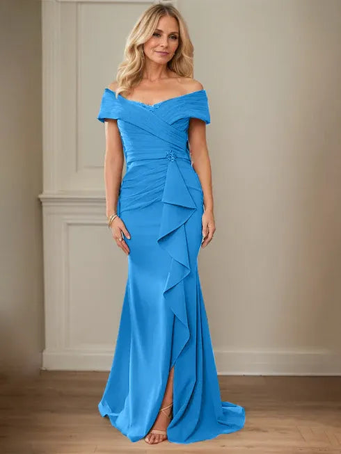 Floor-Length Lace and Chiffon Mother of the Bride Dress with Sheath/Column V-Neck Illusion and Pleated Sequins