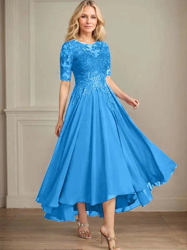 A-Line Scoop Neck Illusion Asymmetrical Chiffon and Lace Mother of the Bride Dress with Sequins