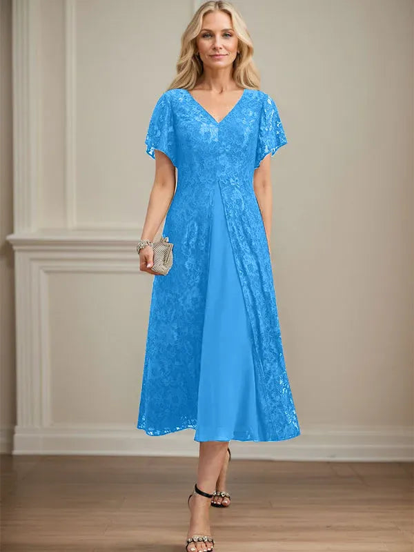 A-Line V-Neck Tea-Length Lace Chiffon Mother of the Bride Dress