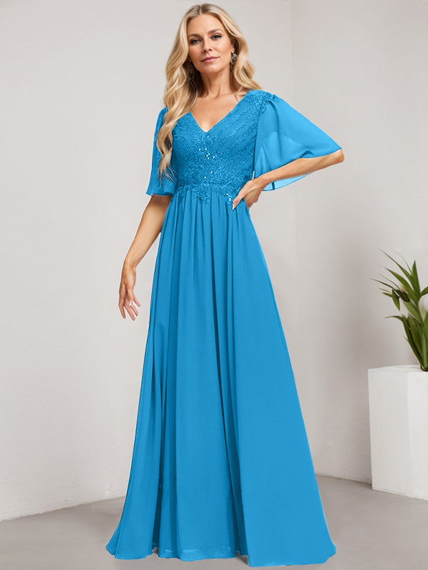 A-Line V-Neck Floor-Length Lace Chiffon Mother of the Bride Dress with Sequins