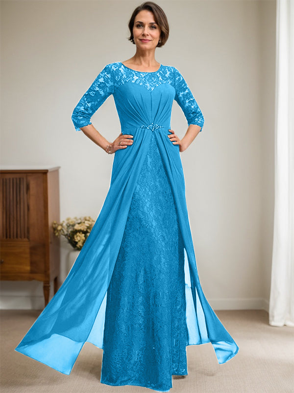 A-Line Scoop Neck Illusion Floor-Length Lace Chiffon Mother of the Bride Dress with Beaded Ruffles