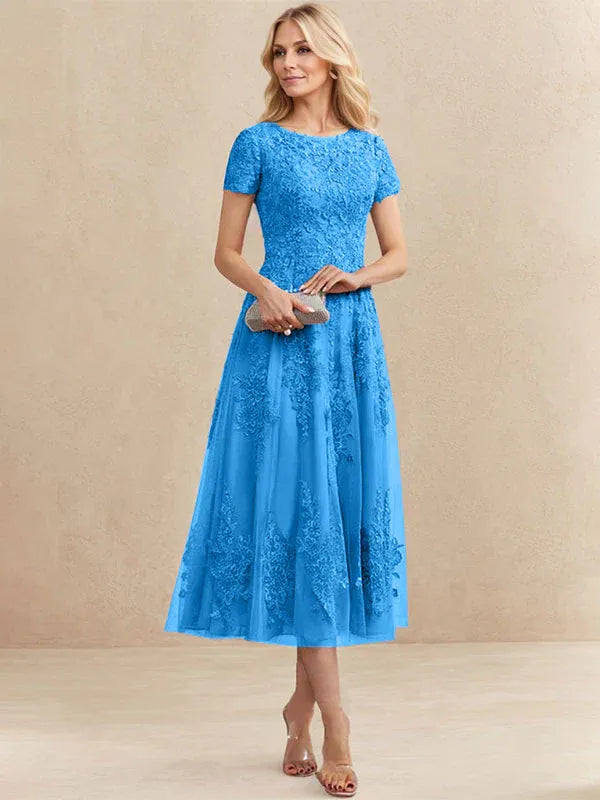 A-Line Scoop Neck Tea-Length Tulle Lace Mother of the Bride Dress