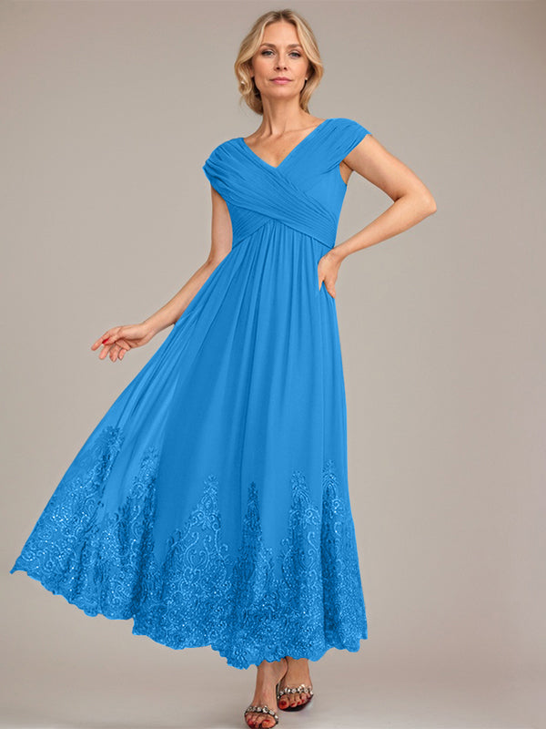 A-Line V-Neck Chiffon Mother of the Bride Dress with Appliqué and Sequins, Ankle-Length