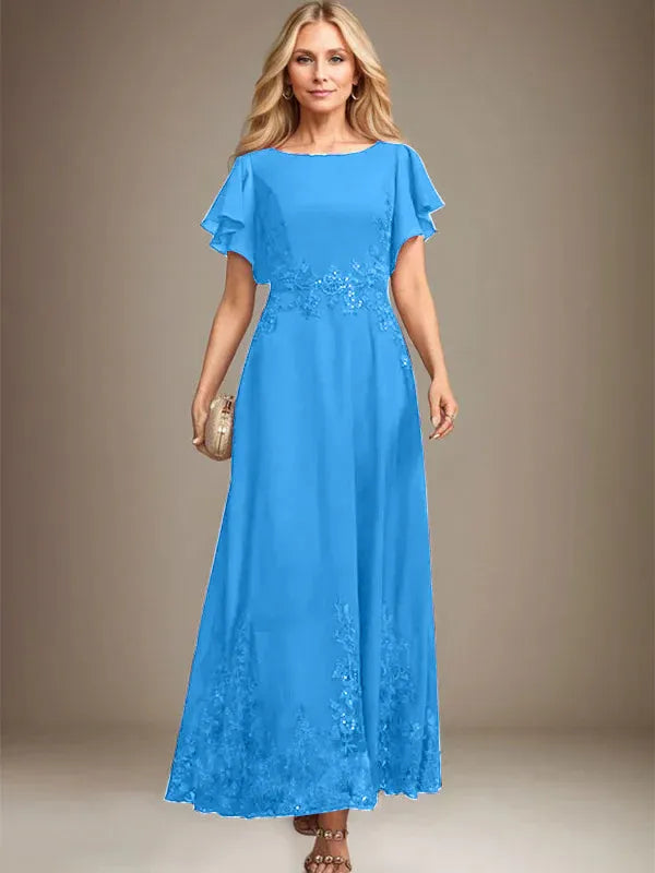 A-Line Scoop Neck Ankle-Length Lace and Chiffon Mother of the Bride Dress with Sequins