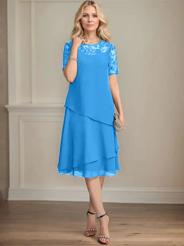A-Line Scoop Neck Illusion Knee-Length Lace Chiffon Mother of the Bride Dress with Sequins