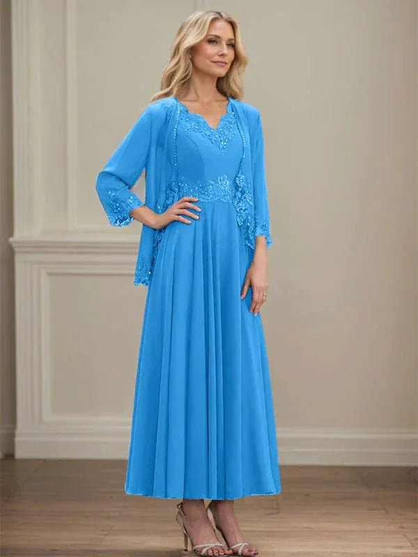 A-Line V-Neck Chiffon Mother of the Bride Dress with Sequins, Appliques, Lace, and Beading at Ankle Length