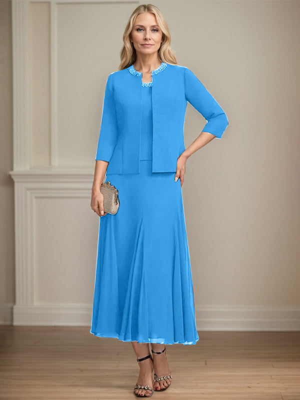 A-line Scoop Tea-Length Chiffon Mother of the Bride Dress with Sequins and Beading Separates