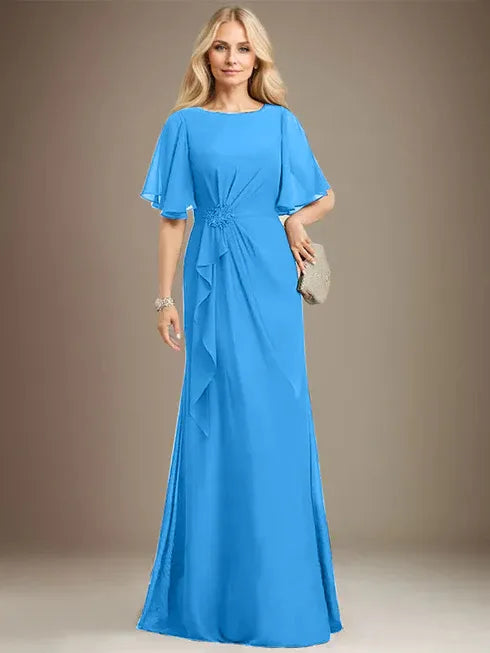 A-Line Scoop Floor-Length Chiffon Mother of the Bride Dress with Cascading Ruffles, Beading, and Sequins
