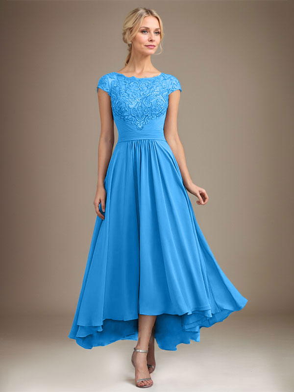 A-Line Scoop Neck Illusion Asymmetrical Lace Chiffon Mother of the Bride Dress with Pleats