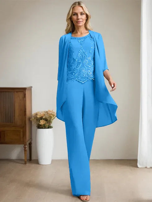 Floor-Length Chiffon Lace Mother of the Bride Jumpsuit/Pantsuit with Scoop Neck, Beading, and Sequins
