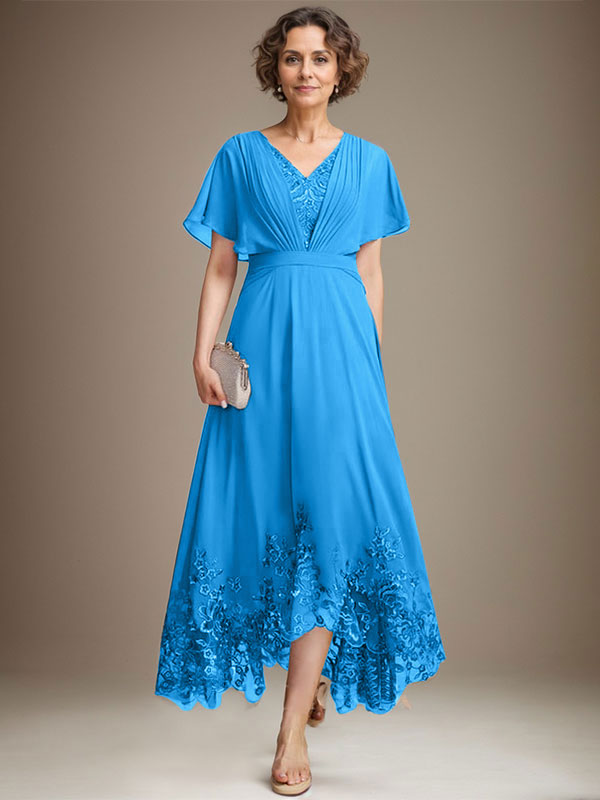 A-Line V-Neck Asymmetrical Lace Chiffon Mother of the Bride Dress with Pleats