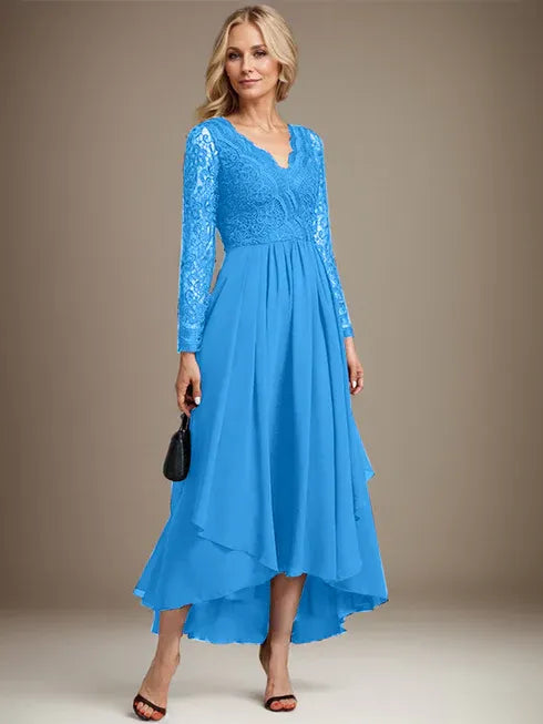 A-Line V-Neck Asymmetrical Lace Chiffon Mother of the Bride Dress