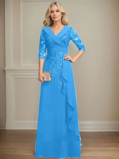 A-Line Collared V-Neck Floor-Length Lace Chiffon Mother of the Bride Dress with Sequins and Cascading Ruffles