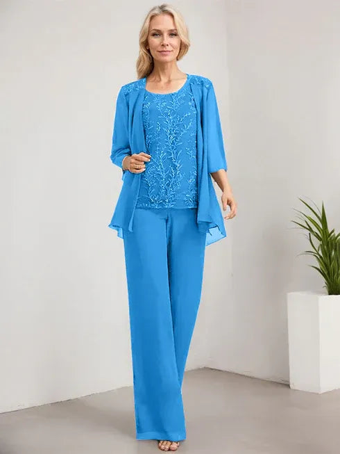 Floor-Length Lace Chiffon Mother of the Bride Jumpsuit/Pantsuit with Scoop Neck and Sequins